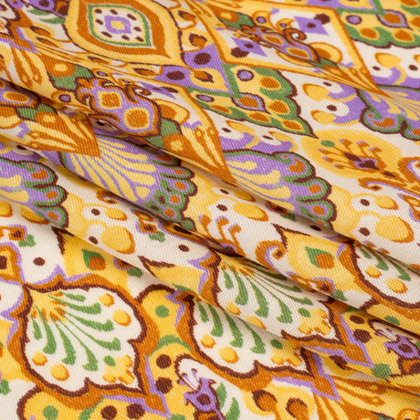 Viscose and Linen Twill Print - Yellow and Orange Stylized Flowers and Chevrons - Mood Exclusive Fashion Floral