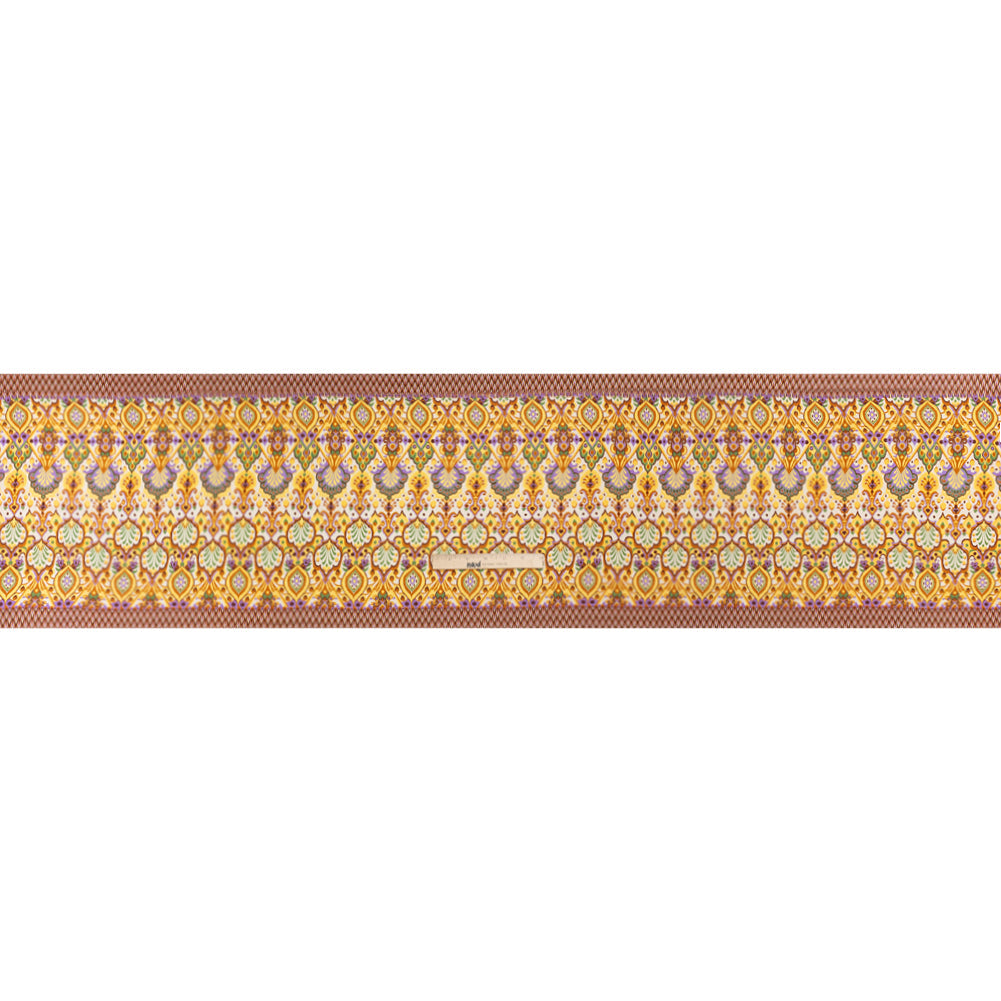 Viscose and Linen Twill Print - Yellow and Orange Stylized Flowers and Chevrons - Mood Exclusive Fashion Floral