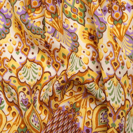 Viscose and Linen Twill Print - Yellow and Orange Stylized Flowers and Chevrons - Mood Exclusive Fashion Floral
