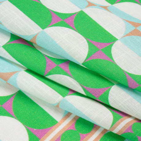 Viscose and Linen Woven Panel Print - Green and Sky Blue Split Circles - Mood Exclusive Circle Back