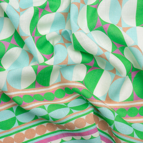 Viscose and Linen Woven Panel Print - Green and Sky Blue Split Circles - Mood Exclusive Circle Back