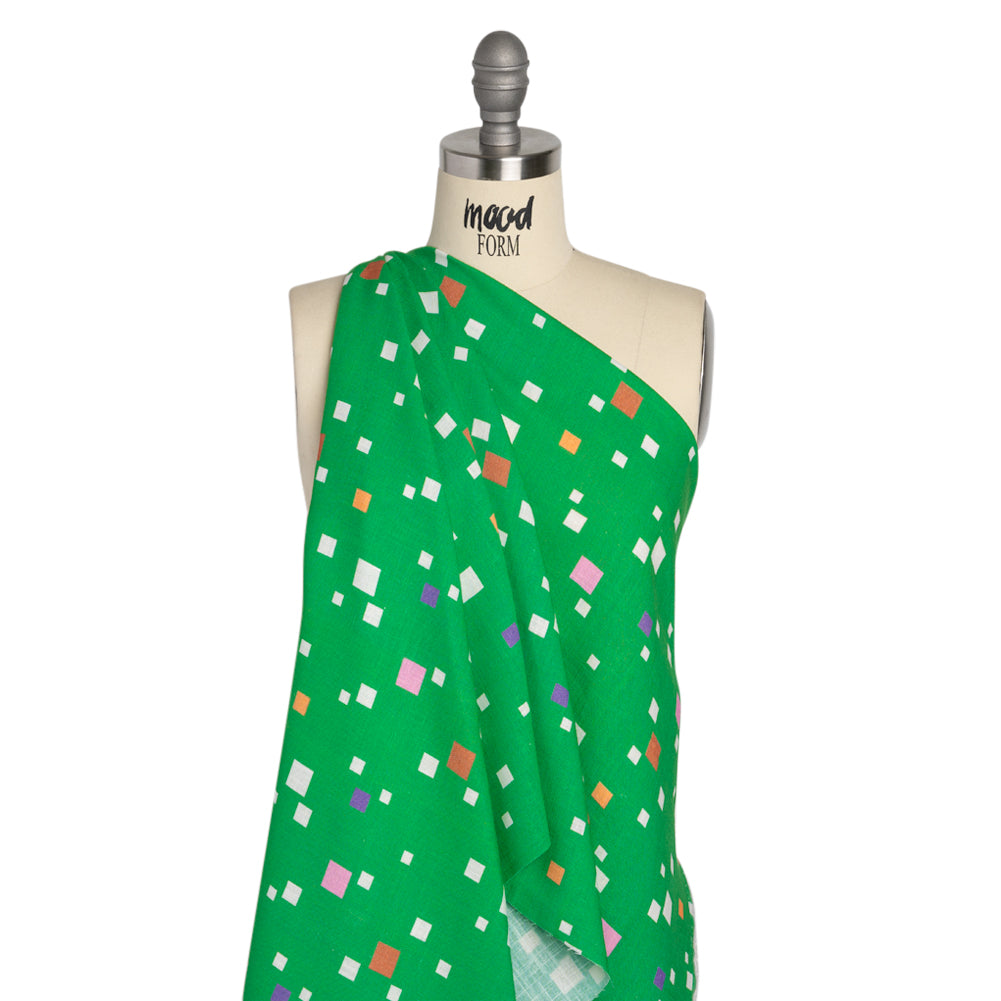 Viscose and Linen Woven Print - Green and Pink Squares - Mood Exclusive Square Dancing