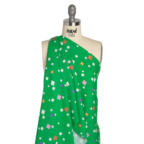 Viscose and Linen Woven Print - Green and Pink Squares - Mood Exclusive Square Dancing