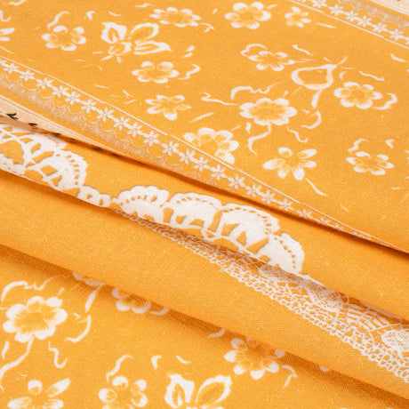 Viscose and Linen Woven Print - Yellow and White Lace and Floral Stripes - Mood Exclusive Lace and Ribbons