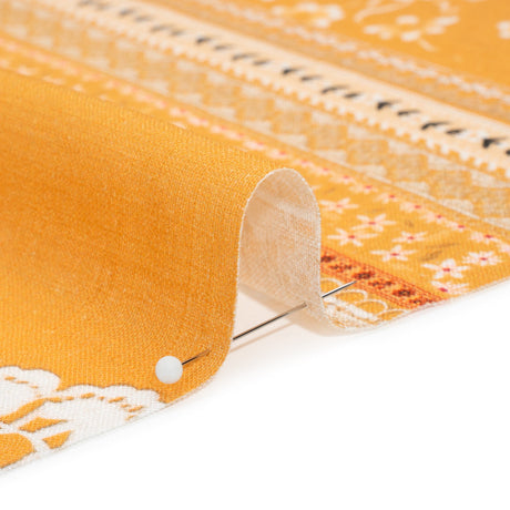 Viscose and Linen Woven Print - Yellow and White Lace and Floral Stripes - Mood Exclusive Lace and Ribbons