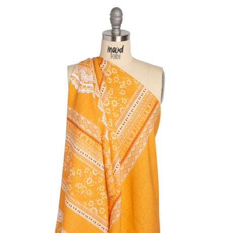 Viscose and Linen Woven Print - Yellow and White Lace and Floral Stripes - Mood Exclusive Lace and Ribbons