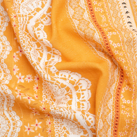 Viscose and Linen Woven Print - Yellow and White Lace and Floral Stripes - Mood Exclusive Lace and Ribbons