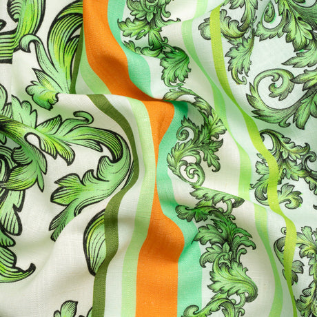 Viscose and Linen Woven Panel Print - Green and Orange Leafy Squares - Mood Exclusive Havana Spring