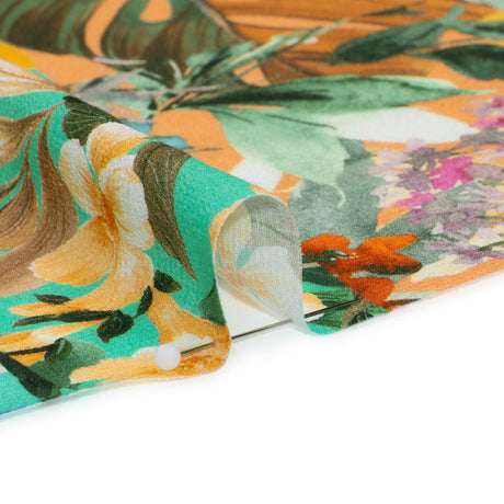 Sustainable Viscose Crepe Print - Aqua Blue and Yellow Floral Tile Stripes - Mood Exclusive El Paraiso