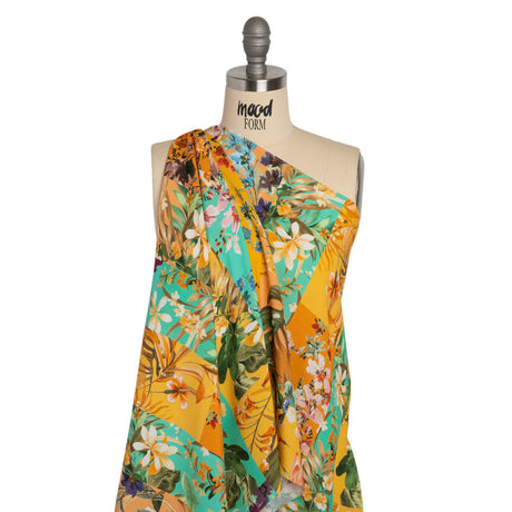 Sustainable Viscose Crepe Print - Aqua Blue and Yellow Floral Tile Stripes - Mood Exclusive El Paraiso