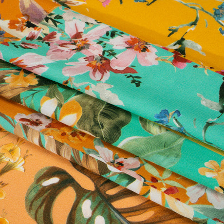 Sustainable Viscose Crepe Print - Aqua Blue and Yellow Floral Tile Stripes - Mood Exclusive El Paraiso