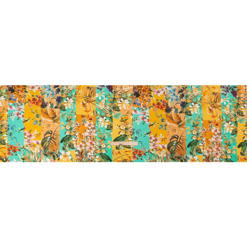 Sustainable Viscose Crepe Print - Aqua Blue and Yellow Floral Tile Stripes - Mood Exclusive El Paraiso