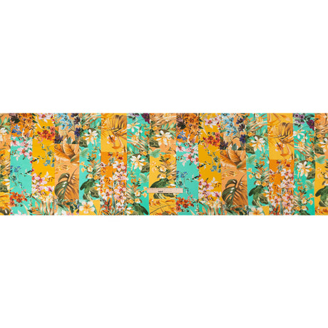 Sustainable Viscose Crepe Print - Aqua Blue and Yellow Floral Tile Stripes - Mood Exclusive El Paraiso