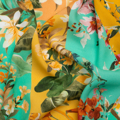 Sustainable Viscose Crepe Print - Aqua Blue and Yellow Floral Tile Stripes - Mood Exclusive El Paraiso