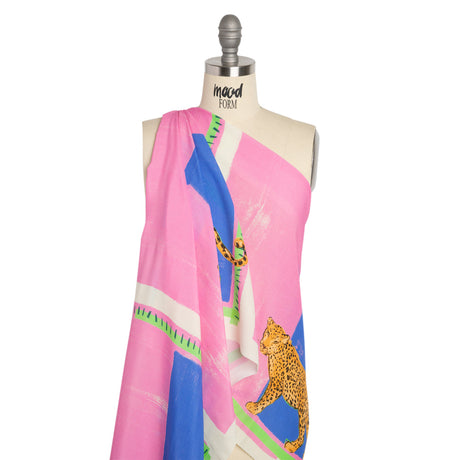 Sustainable Viscose Woven Panel - Pink and Blue Jaguar in Square - Mood Exclusive Jaguar Gaze