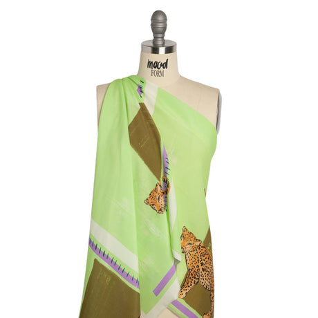 Sustainable Viscose Woven Panel - Lime and Brown Jaguar in Squares - Mood Exclusive Jaguar Gaze