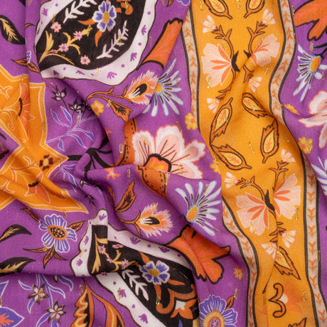 Mood Exclusive Purple Floral Facade Metallic Dotted Crinkled Viscose Crepe Panel