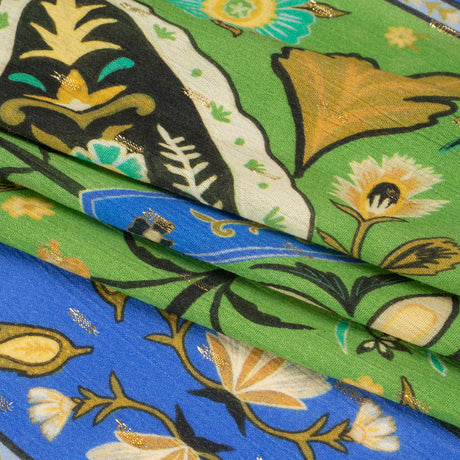 Mood Exclusive Green Floral Facade Metallic Dotted Crinkled Viscose Crepe Panel