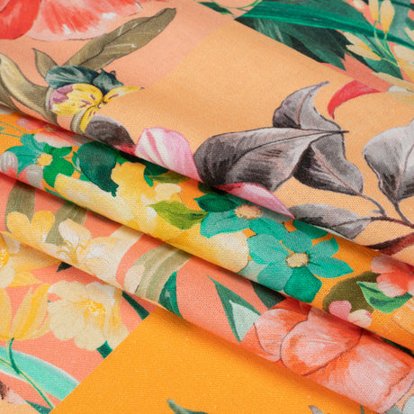 Linen and Rayon Woven Print - Peach and Orange Floral Patchwork - Mood Exclusive Citrus Garden Collage