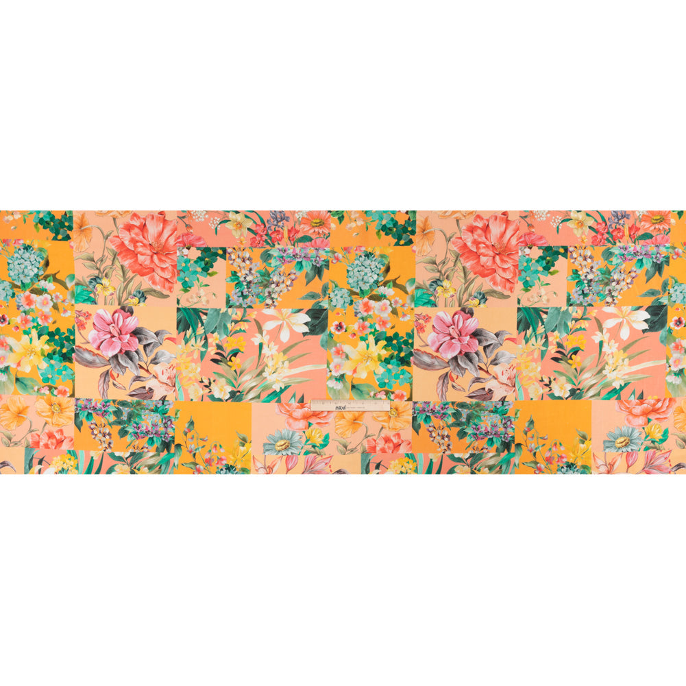 Linen and Rayon Woven Print - Peach and Orange Floral Patchwork - Mood Exclusive Citrus Garden Collage