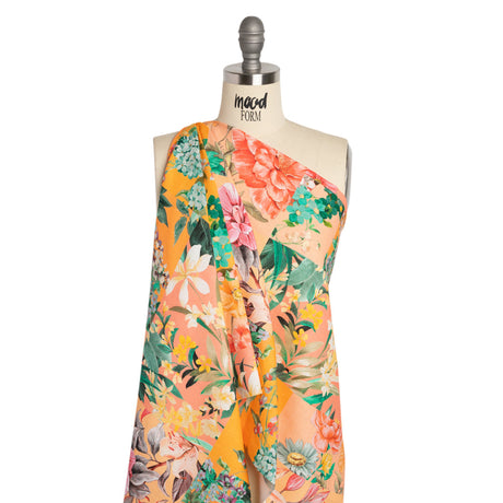 Linen and Rayon Woven Print - Peach and Orange Floral Patchwork - Mood Exclusive Citrus Garden Collage