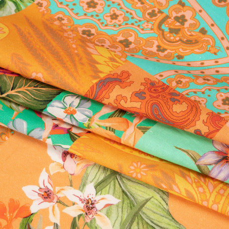 Linen and Rayon Woven Print - Turquoise and Orange Floral and Paisley Patchwork - Mood Exclusive Feel the Power