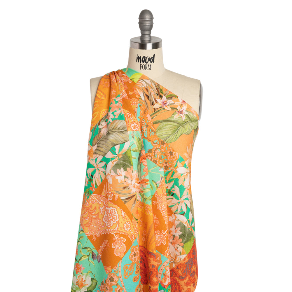 Linen and Rayon Woven Print - Turquoise and Orange Floral and Paisley Patchwork - Mood Exclusive Feel the Power