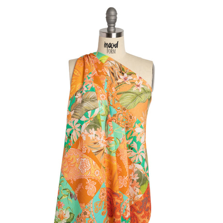 Linen and Rayon Woven Print - Turquoise and Orange Floral and Paisley Patchwork - Mood Exclusive Feel the Power