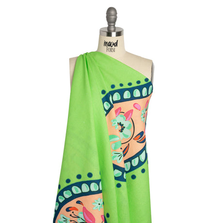 Linen and Rayon Woven Print - Green and Orange Large Pixelated Paisley - Mood Exclusive In the Limelight