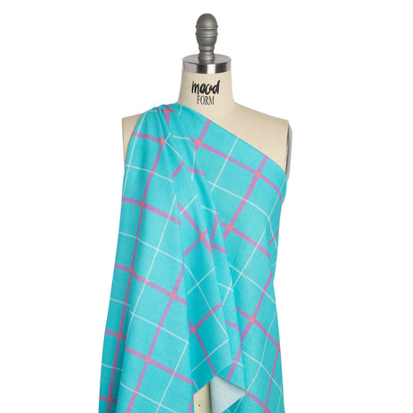 Linen and Rayon Woven Print - Turquoise and Purple Plaid - Mood Exclusive Guest List