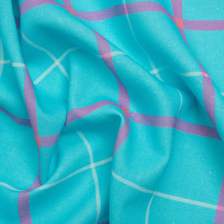 Linen and Rayon Woven Print - Turquoise and Purple Plaid - Mood Exclusive Guest List
