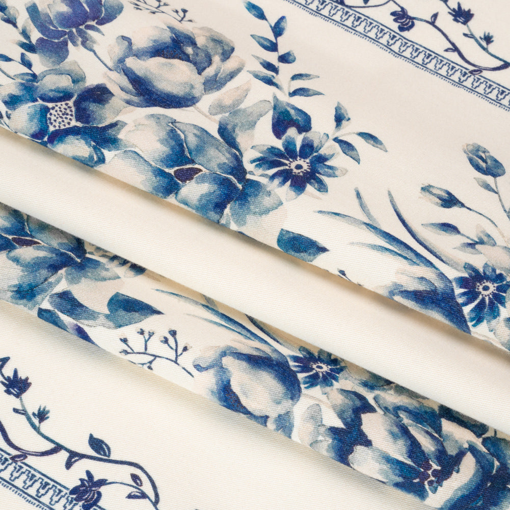 Brushed Stretch Cotton Twill Print - Navy and White Floral Stripes - Mood Exclusive Pathway to Paradise