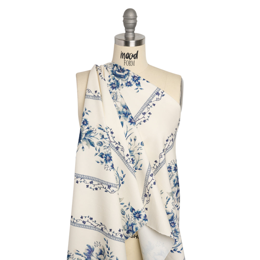 Brushed Stretch Cotton Twill Print - Navy and White Floral Stripes - Mood Exclusive Pathway to Paradise