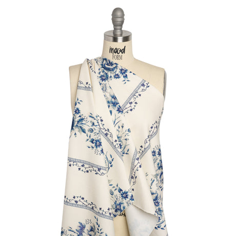 Brushed Stretch Cotton Twill Print - Navy and White Floral Stripes - Mood Exclusive Pathway to Paradise