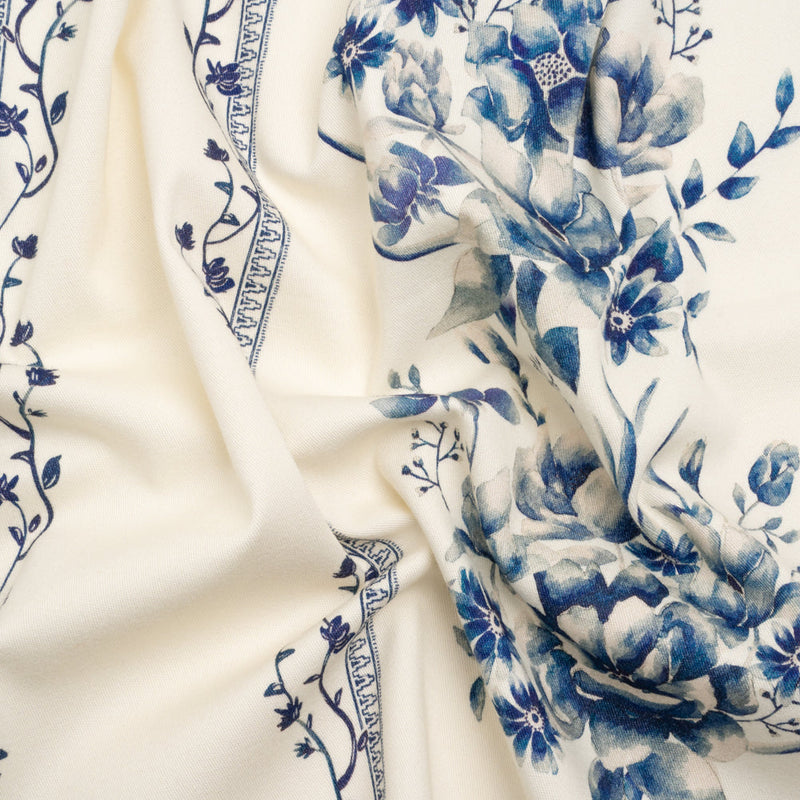 Brushed Stretch Cotton Twill Print - Navy and White Floral Stripes - Mood Exclusive Pathway to Paradise