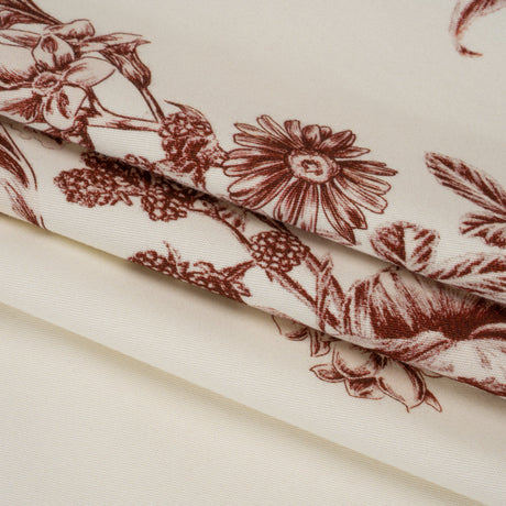 Brushed Stretch Cotton Twill Print - Cranberry Red and White Floral Border Stripes - Mood Exclusive Sanctuary Sketch