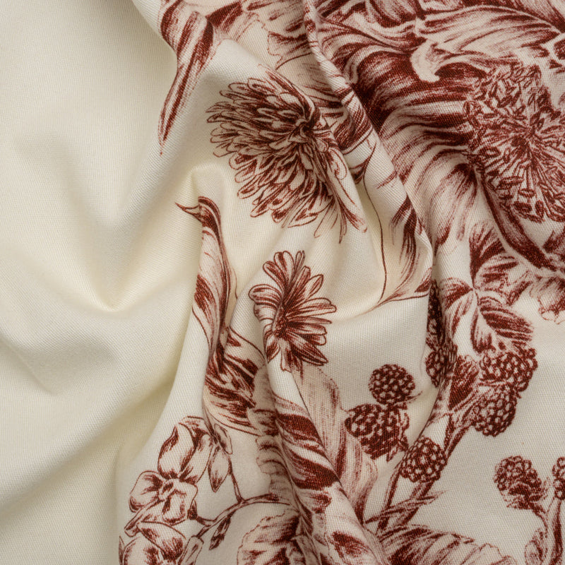 Brushed Stretch Cotton Twill Print - Cranberry Red and White Floral Border Stripes - Mood Exclusive Sanctuary Sketch