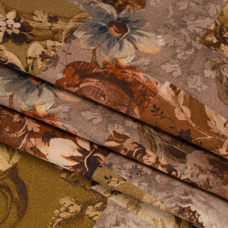 Brushed Stretch Cotton Twill Print - Rust and Olive Floral Patchwork - Mood Exclusive Vintage Vignettes