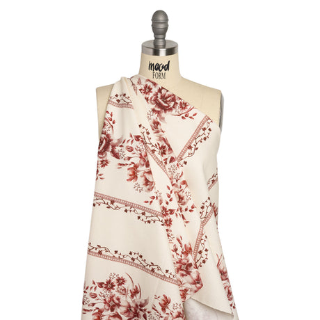 Brushed Stretch Cotton Twill Print - Burgundy and White Floral Stripes - Mood Exclusive Pathway to Paradise