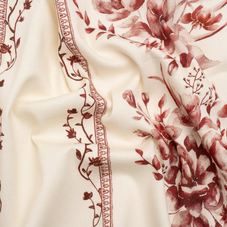 Brushed Stretch Cotton Twill Print - Burgundy and White Floral Stripes - Mood Exclusive Pathway to Paradise