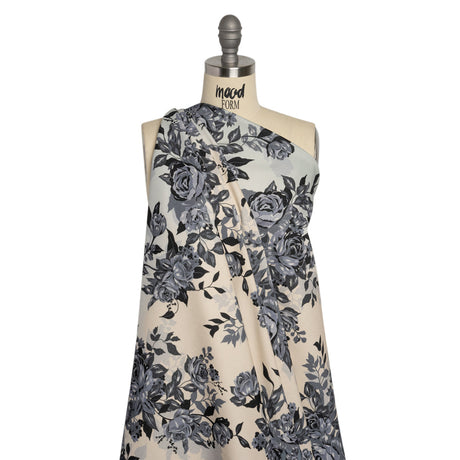 Brushed Stretch Cotton Twill Panel - Blue and Cream Roses - Mood Exclusive Space for Grace