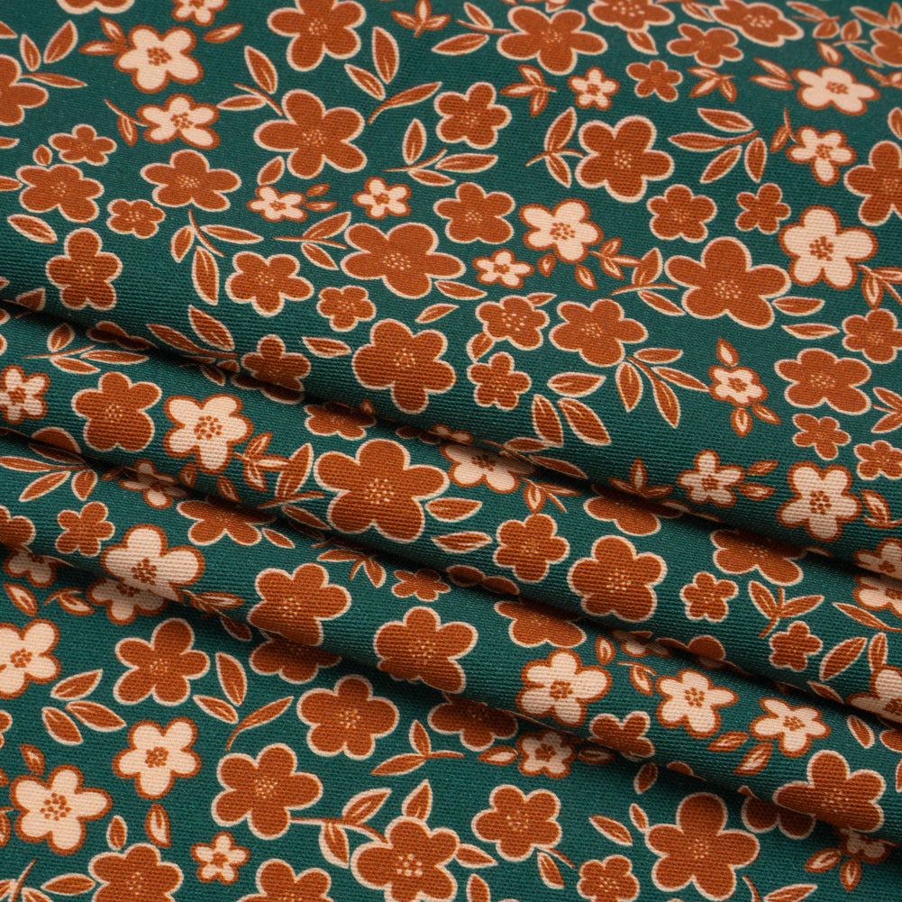Stretch Cotton Twill Print - Teal, Rust and Peach Floral - Mood Exclusive September Sprouts