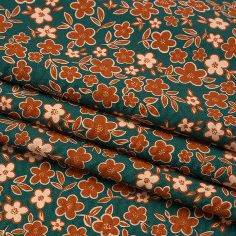 Stretch Cotton Twill Print - Teal, Rust and Peach Floral - Mood Exclusive September Sprouts