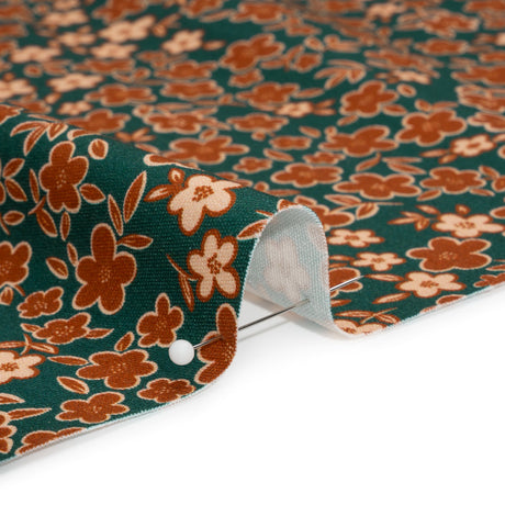 Stretch Cotton Twill Print - Teal, Rust and Peach Floral - Mood Exclusive September Sprouts