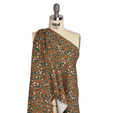 Stretch Cotton Twill Print - Teal, Rust and Peach Floral - Mood Exclusive September Sprouts