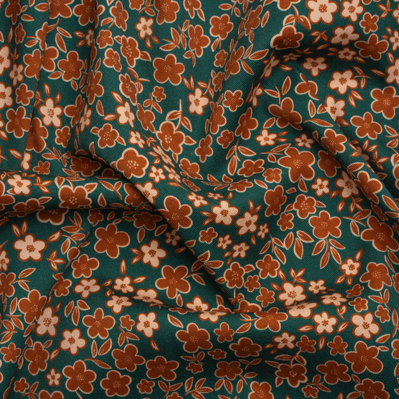 Stretch Cotton Twill Print - Teal, Rust and Peach Floral - Mood Exclusive September Sprouts