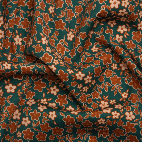 Stretch Cotton Twill Print - Teal, Rust and Peach Floral - Mood Exclusive September Sprouts
