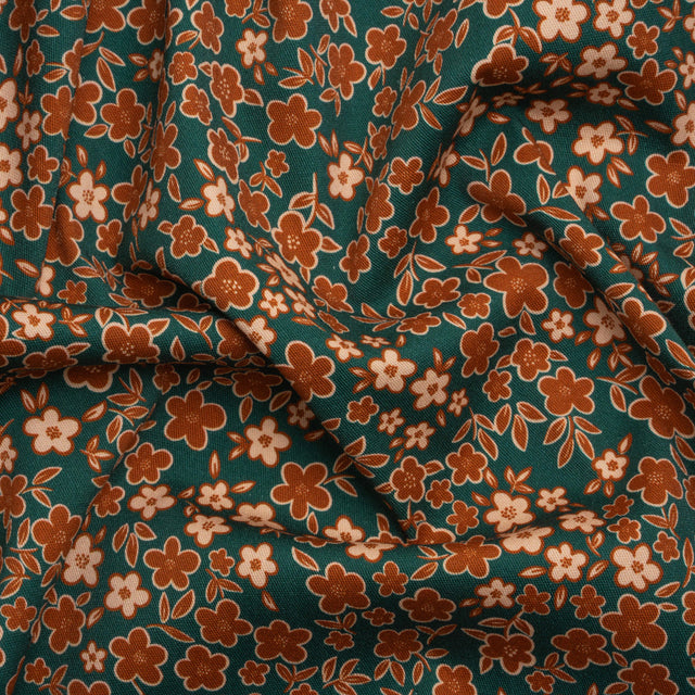 Stretch Cotton Twill Print - Teal, Rust and Peach Floral - Mood Exclusive September Sprouts