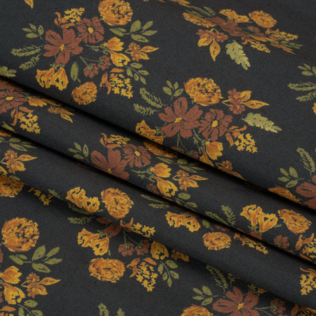 Stretch Cotton Poplin Print - Navy, Rust and Orange Floral - Mood Exclusive Amber Bunches