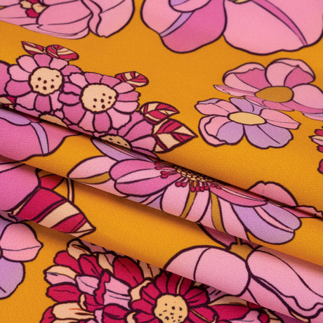 Stretch Polyester Woven Print - Mustart Yellow and Pink Retro Floral - Mood Exclusive Carnation Creative